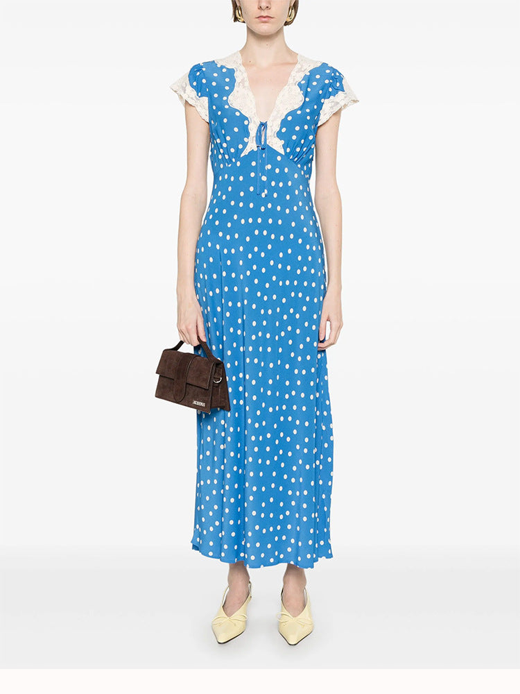 Flowering Girl Women Lyuba Polka Dot Lace-Trimmed V-Neck Maxi Dress In Blue