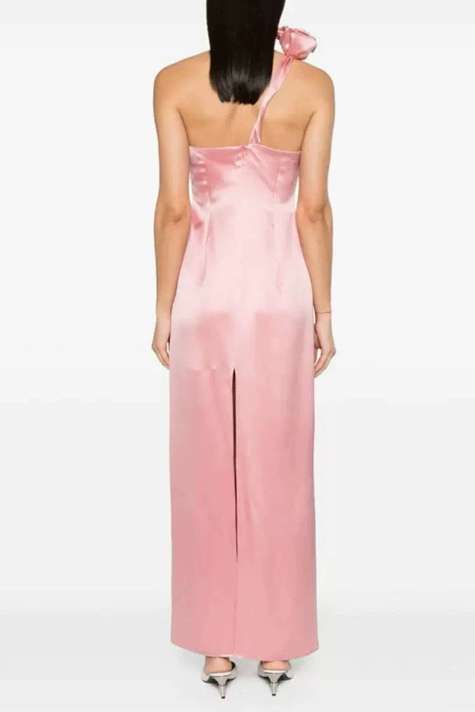 yvonne one-shoulder 3d flower satin maxi dress in pink