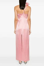 yvonne one-shoulder 3d flower satin maxi dress in pink