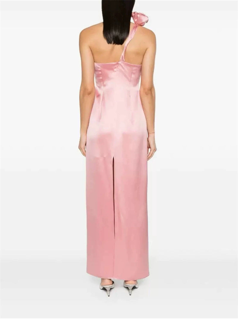 Flowering Girl Women Yvonne One-Shoulder 3d Flower Satin Maxi Dress In Pink