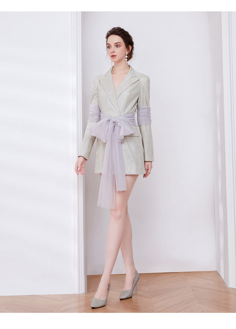Janice Mesh Ribbon Glitter Blazer Dress In Champagne