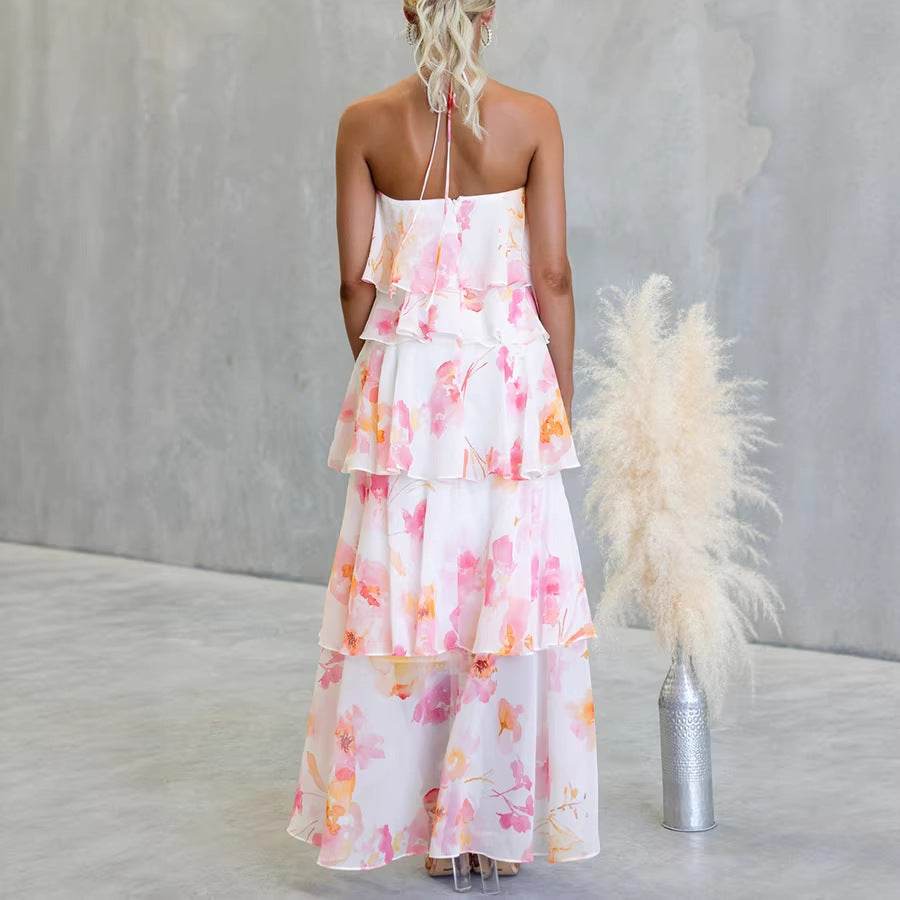 Floral Ruffle Halter Neck Midi Dress - pink