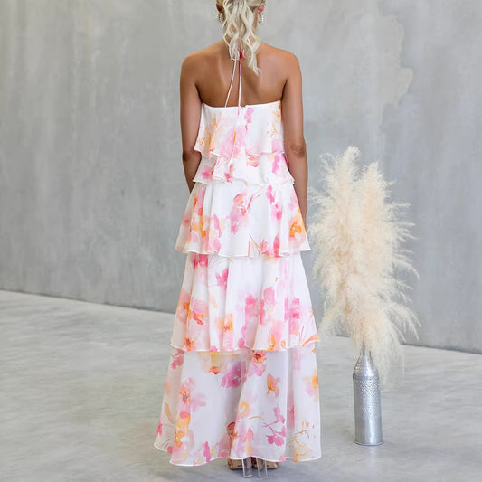 Floral Ruffle Halter Neck Midi Dress - pink