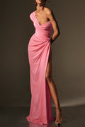 Flowering Girl Women Bess One-Shoulder Slant Neck Pleated Maxi Dress In Pink