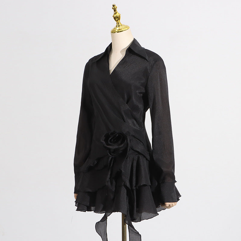 Flowering Girl Women flower ruffle ribbon mini dress in black