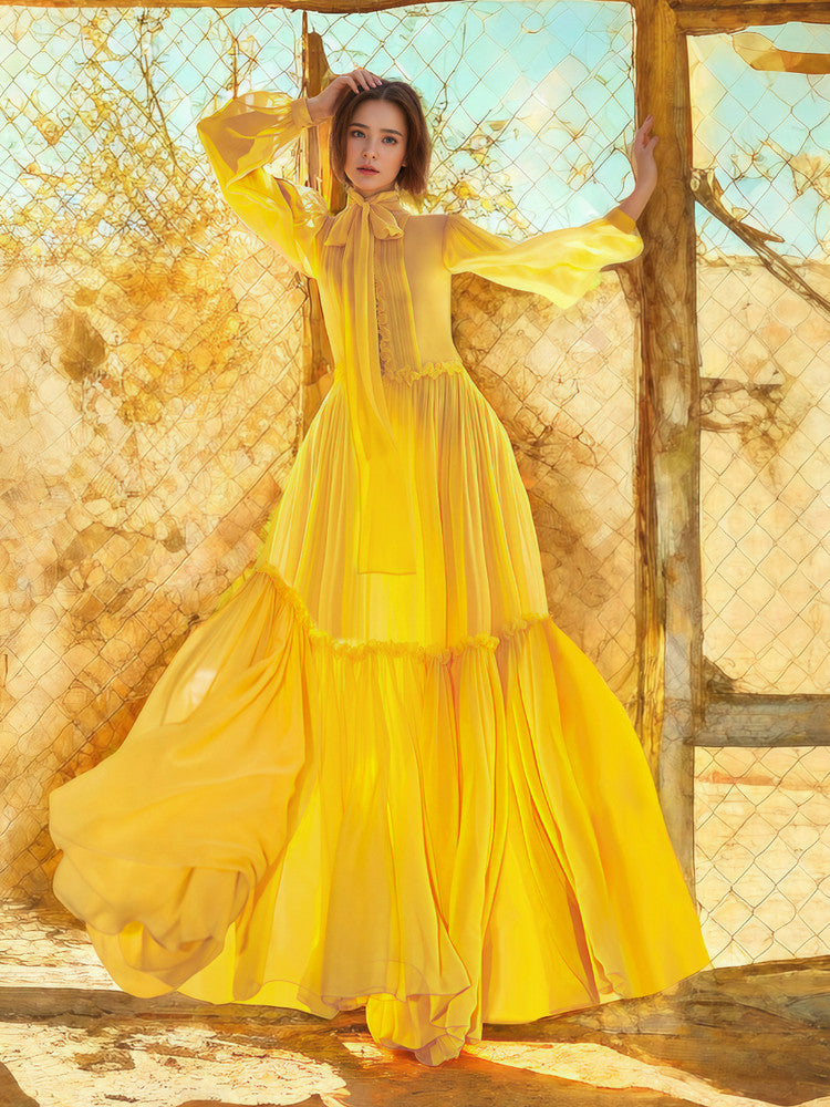 Yellow Long Sleeved Large Swing Dress