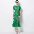 Flowering Girl Women Rhinestone flower hollow lace fishtail midi dress - green
