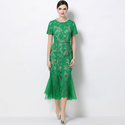 Rhinestone flower hollow lace fishtail midi dress - green