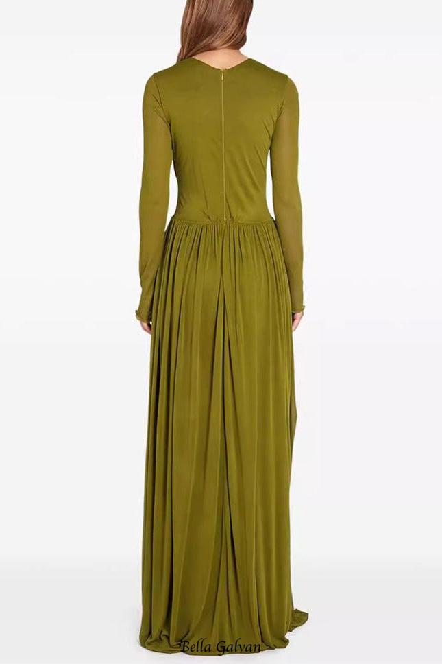pleated maxi dress with draping Olive green