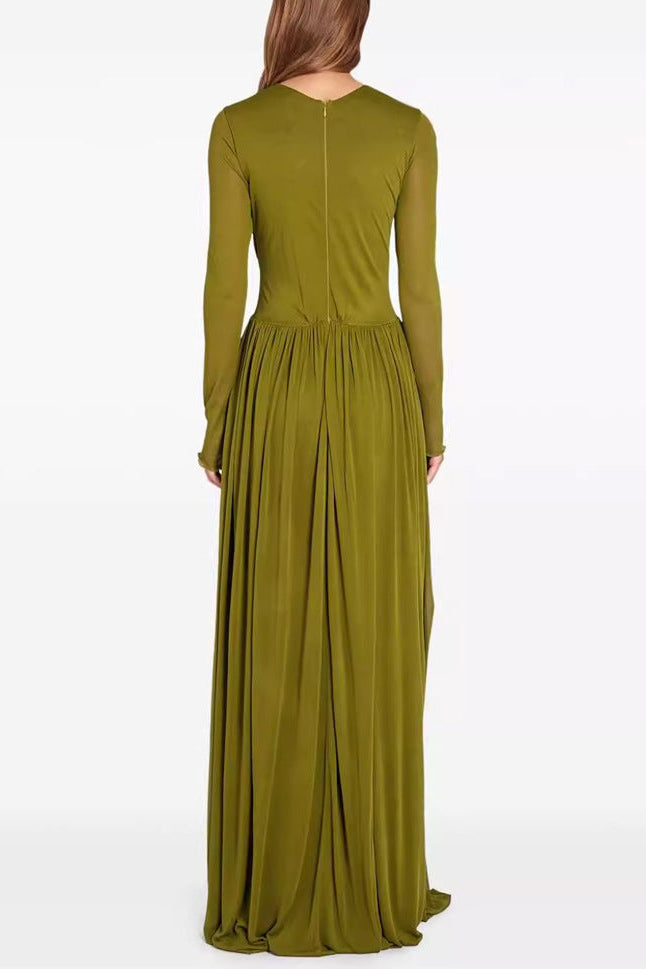 Pleated Maxi Dress With Draping Olive Green