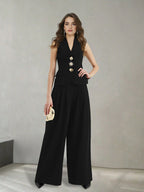 Flowering Girl Women Black High Waist Pleated Wide Leg Suit Trousers Office Formal Loose Straight Dress Pants