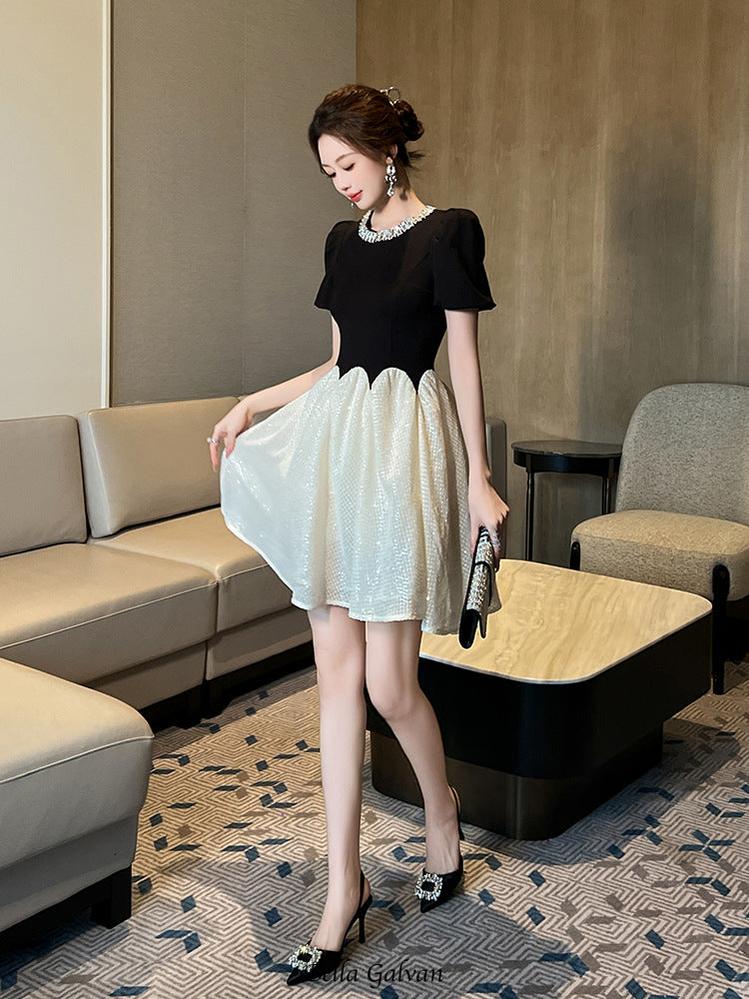 leona black-white Two-Tone rhinestone neck sequin mini Dress