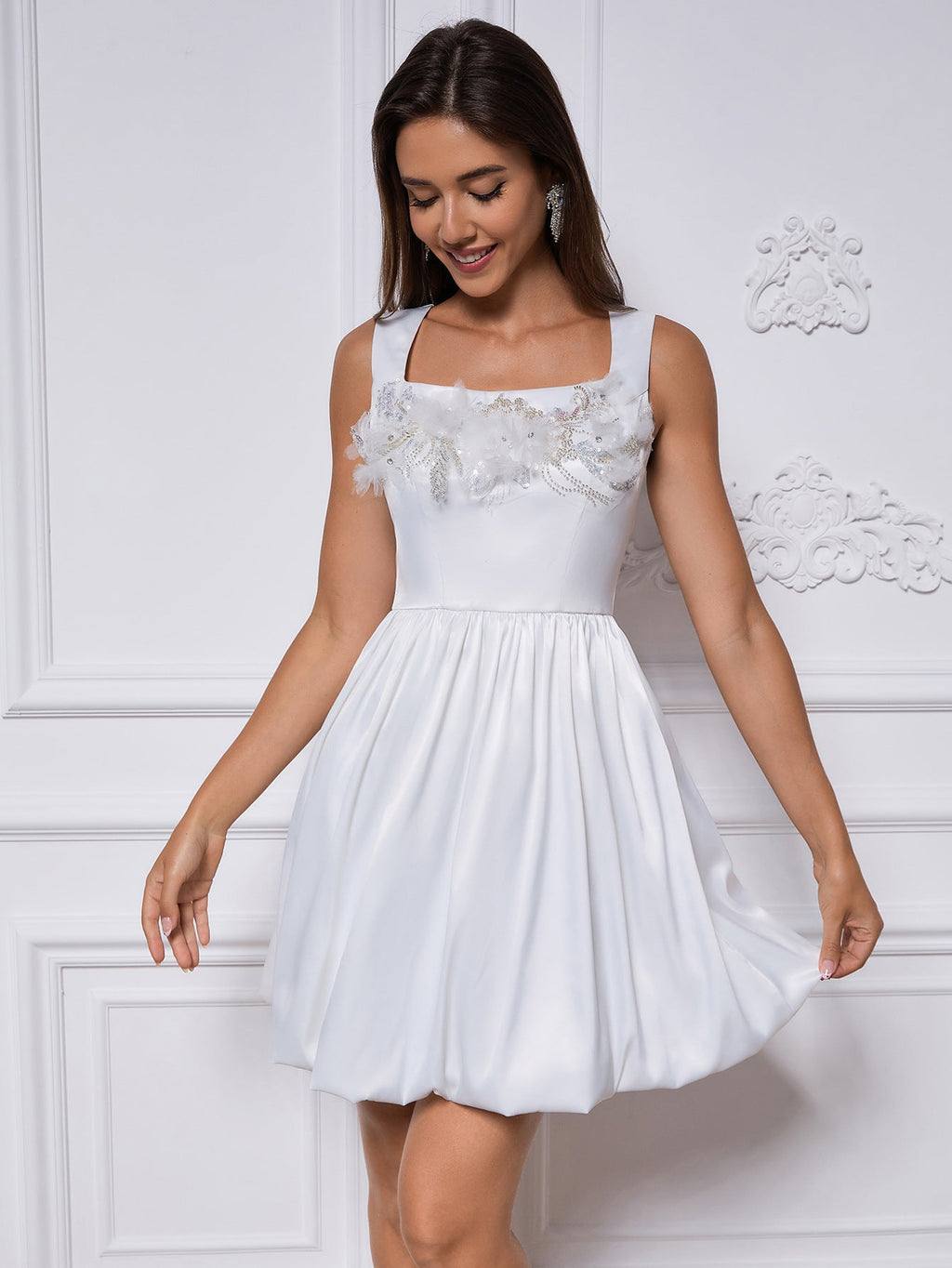 Sabina Appliqué Satin Puffy Mini Dress In White