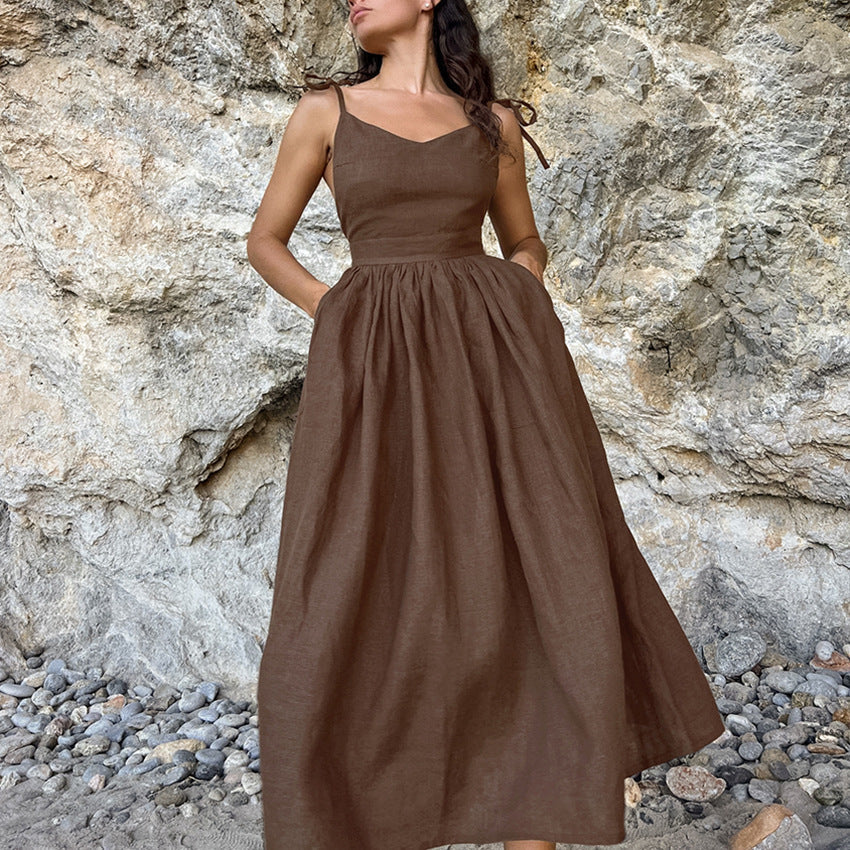 Flowering Girl Women cotton linen backless strap midi dress
