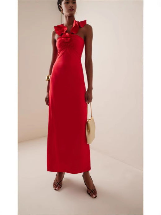 Flowering Girl Women floral ruffle trim halter midi dress in red