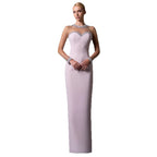 pink mesh splicing bead  long dress with diamonds