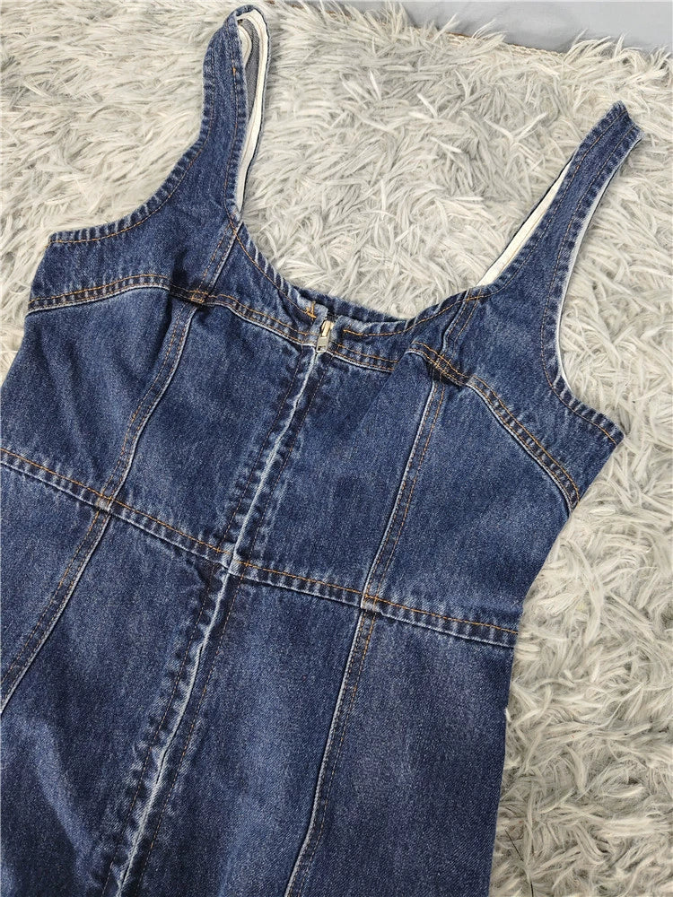 Denim Suspender Square Neck Slim Mini Dress