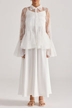 Tiffany White Lace Bell-Sleeve Ruffle Embroidered Top Maxi Skirt Set