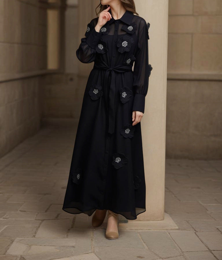 Susanna Floral Applique Shirt Midi Dress In Black