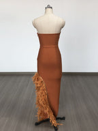 Flowering Girl Women OSTRICH FEATHER BANDAGE DRESS WITH V-NECKLINE IN BROWN
