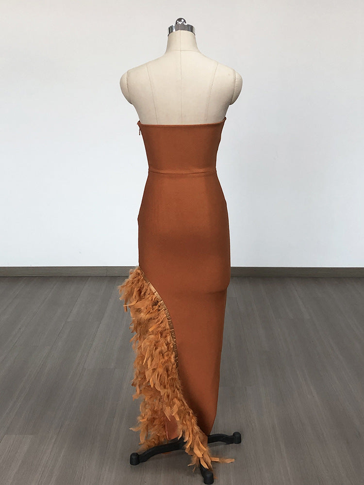Flowering Girl Women OSTRICH FEATHER BANDAGE DRESS WITH V-NECKLINE IN BROWN