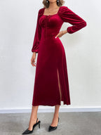Flowering Girl Women wine red Slit square neck puff sleeve long velvet dress