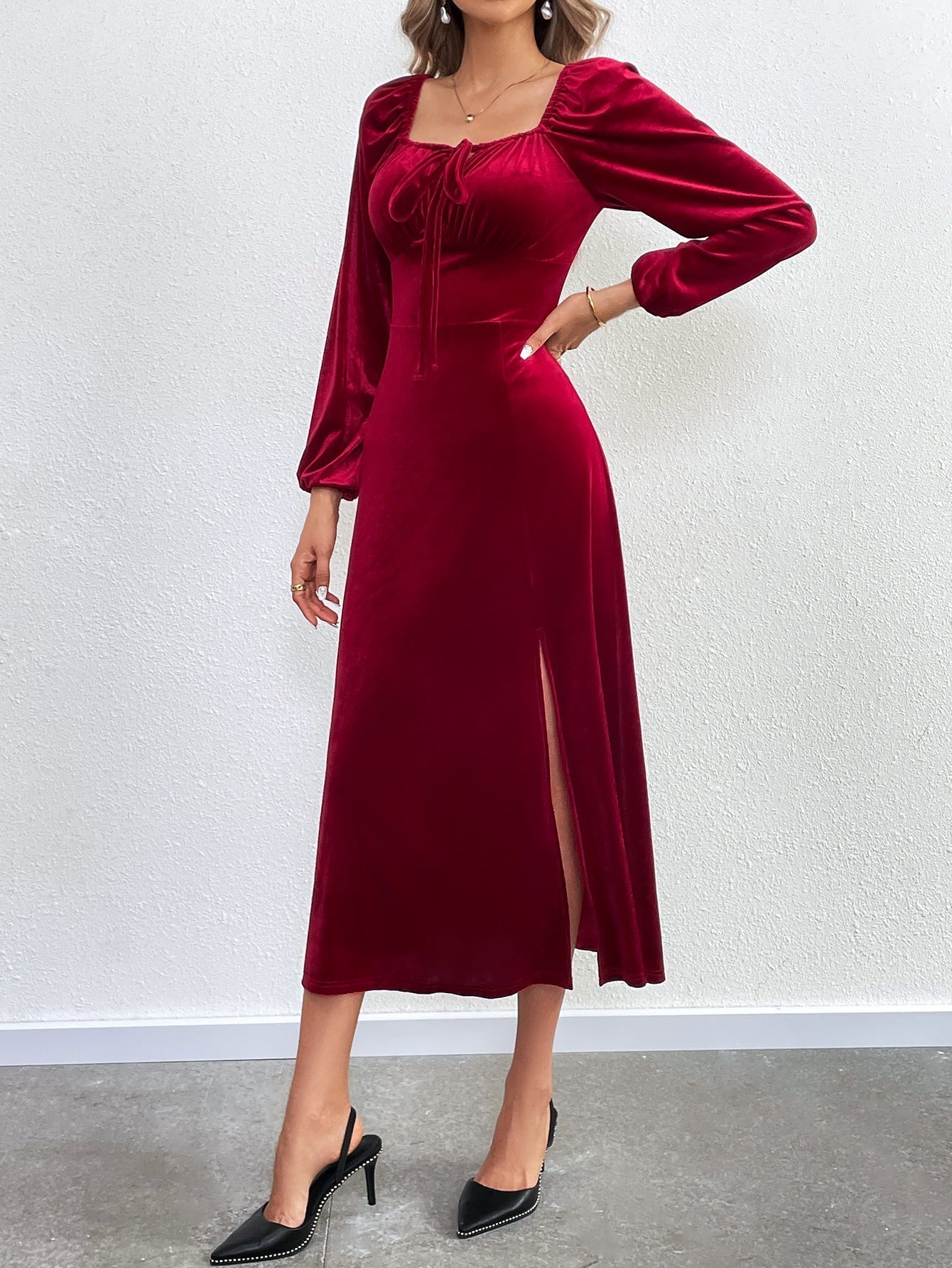 Flowering Girl Women wine red Slit square neck puff sleeve long velvet dress