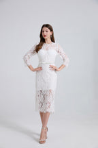 bernice rhinestone fishbone lace midi dress in white