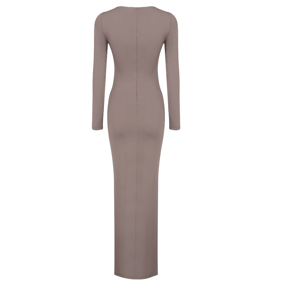 Flowering Girl Women Round neck ribbed knit maxi dress in coffee
