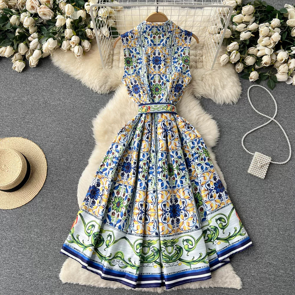 Flowering Girl Women Sleeveless Collared Tile Print Belted A-Line Midi Dress