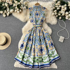 Flowering Girl Women Sleeveless Collared Tile Print Belted A-Line Midi Dress