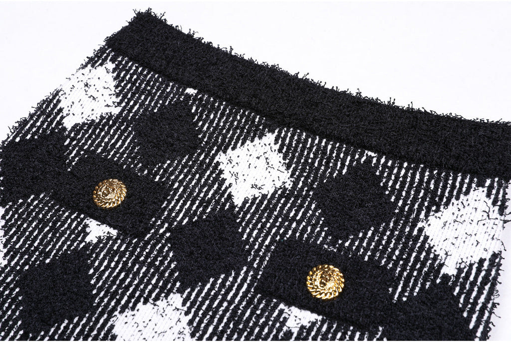 Flowering Girl Women Black White Gingham Tweed Cardigan