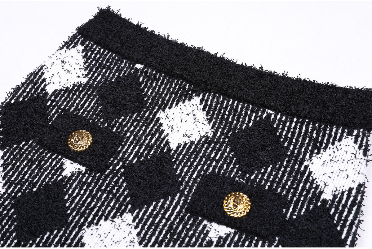 Flowering Girl Women Black White Gingham Tweed Cardigan