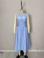 Flowering Girl Women Light Blue Sleeveless Round Neck Twisted Waist Midi Dress Side Pocket Flowy Summer Dress