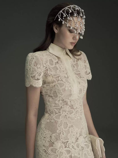Beige Lace Overlay Collared Maxi Dress with Organza Skirt