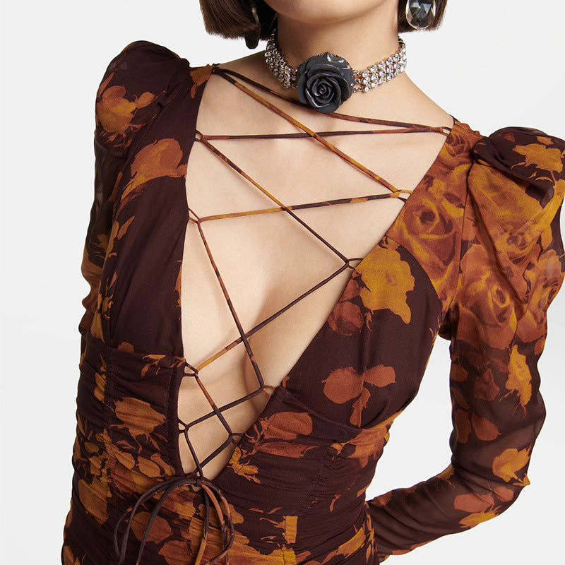 Flowering Girl Women floral print hollow tulle mini dress in brown