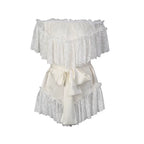 Flowering Girl Women Off Shoulder Ruffled Lace Satin Bow Two Piece Short Set