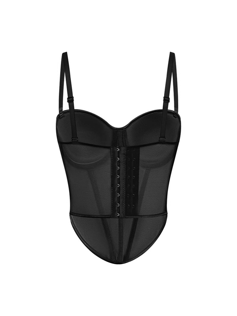 Calista Skin Tone, Fishbone Sexy Mesh Strapless Backless Color-Blocked Waist-Cinching Top