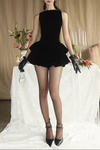 Candance Sleeveless Puffy Velvet Mini Dress In Black