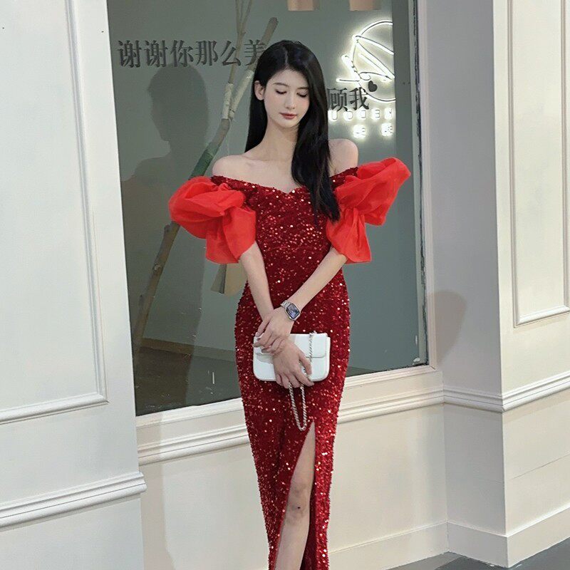 Dolores Extravagant Puff-Sleeve Sequin Cocktail Maxi Dress