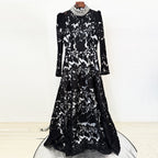 Flowering Girl Women black mesh diamond embroidered maxi dress