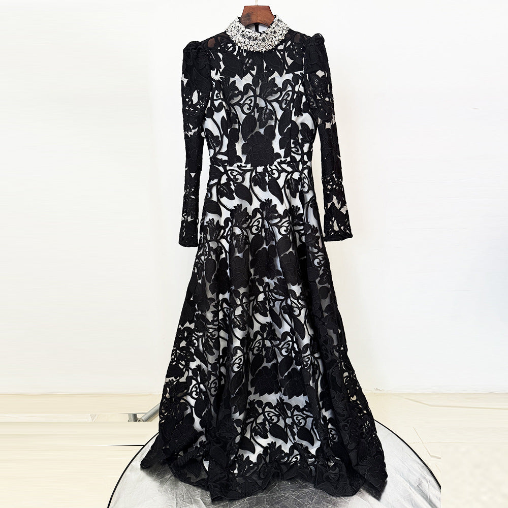 Flowering Girl Women black mesh diamond embroidered maxi dress