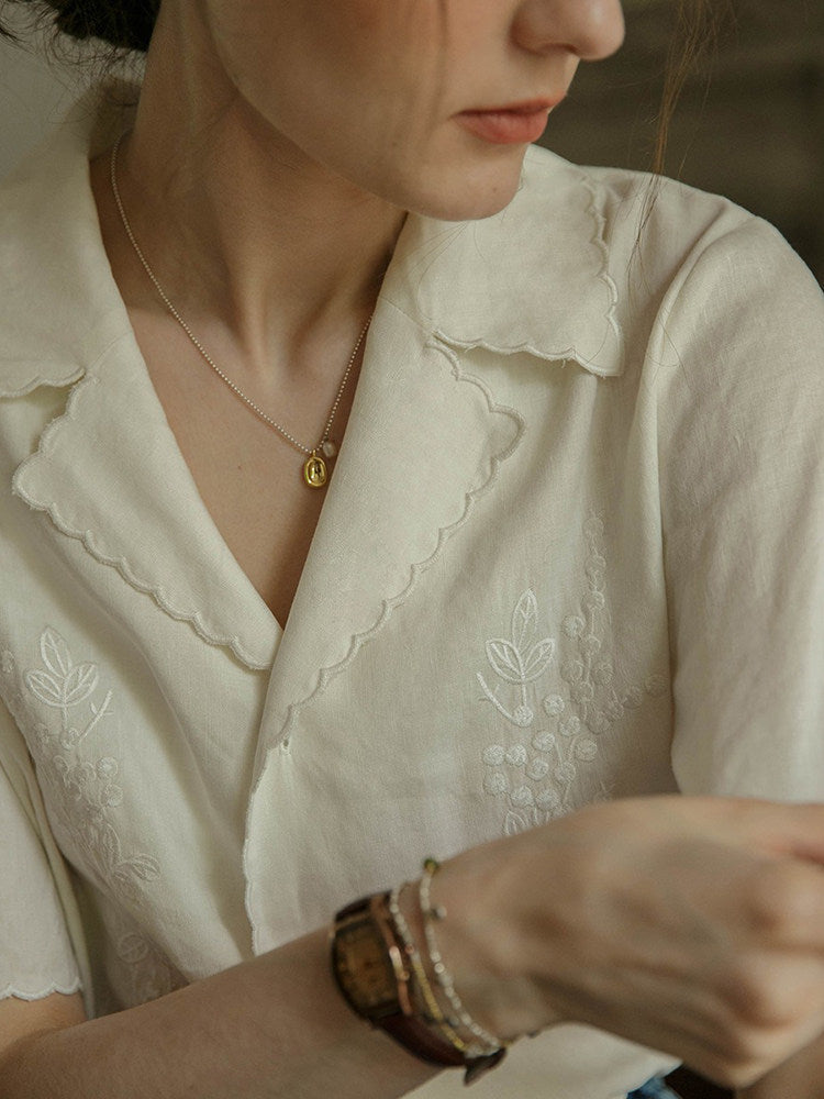 White Embroidered Lace Short Sleeve Shirt Top