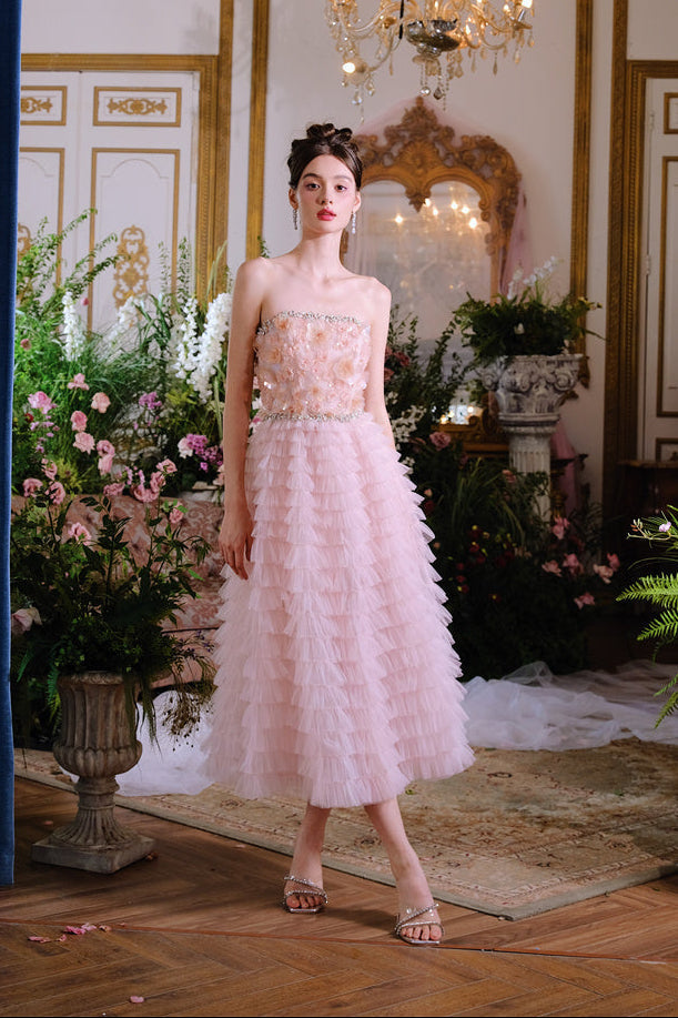 Pink Princess layer ruffle midi floral Embroidery strapless Dress