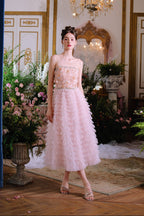 Pink Princess layer ruffle midi floral Embroidery strapless Dress