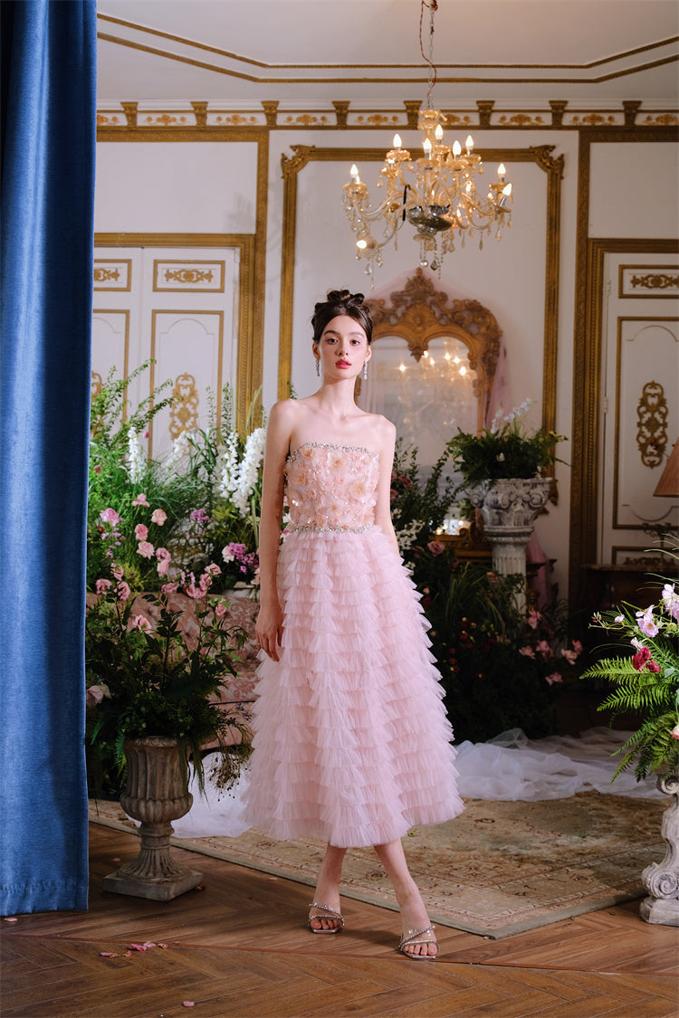 Pink Princess Layer Ruffle Midi Floral Embroidery Strapless Dress