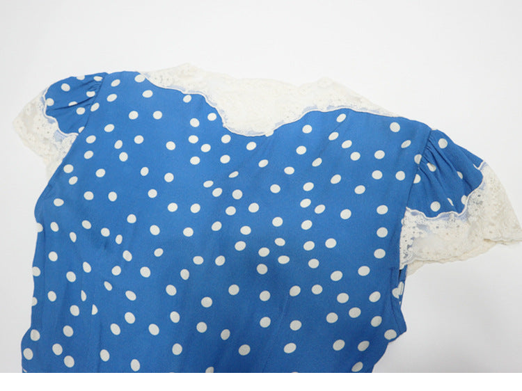 Flowering Girl Women Lyuba Polka Dot Lace-Trimmed V-Neck Maxi Dress In Blue