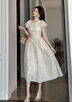 Flowering Girl Women pearl neck Puff sleeve flared lace maxi dress - apricot