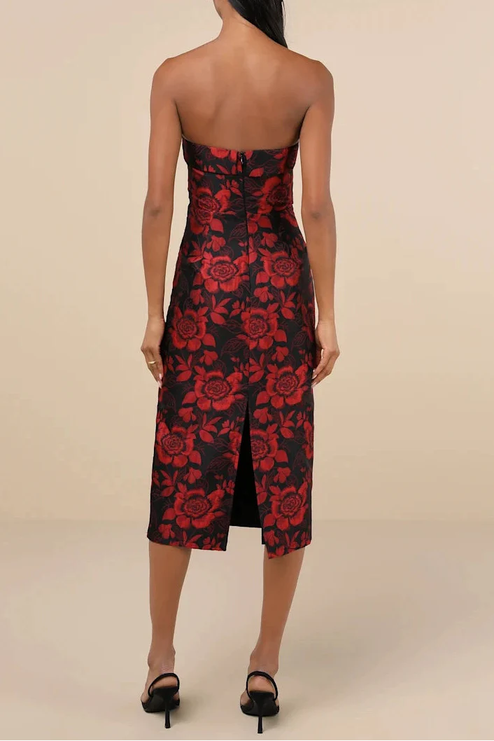 Burgundy Vintage Embossed Flower Wrap Midi Dress