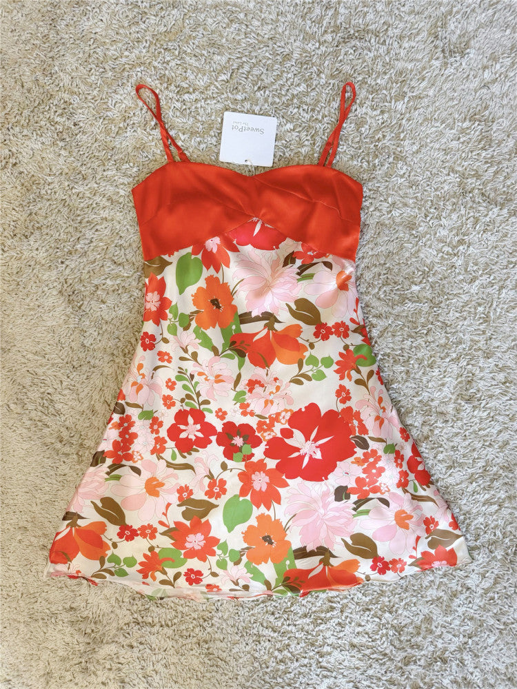 Two-Tone Satin Bust Floral Slip Mini Dress